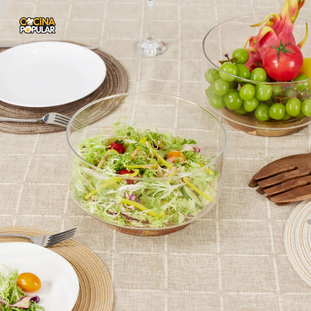 Cuenco de Fruta de Cristal con Base de Madera - Cocina Popular - Cocina Popular