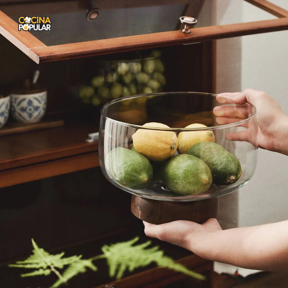 Cuenco de Fruta de Cristal con Base de Madera - Cocina Popular - Cocina Popular