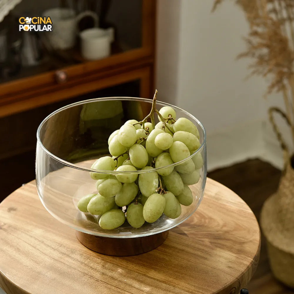 Cuenco de Fruta de Cristal con Base de Madera - Cocina Popular - Cocina Popular