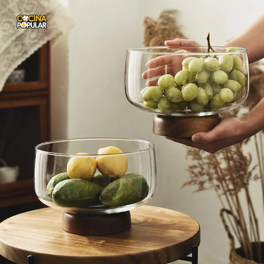 Cuenco de Fruta de Cristal con Base de Madera - Cocina Popular - Cocina Popular